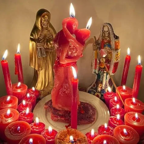 Velas rojas encendidas para un ritual de amarre de amor