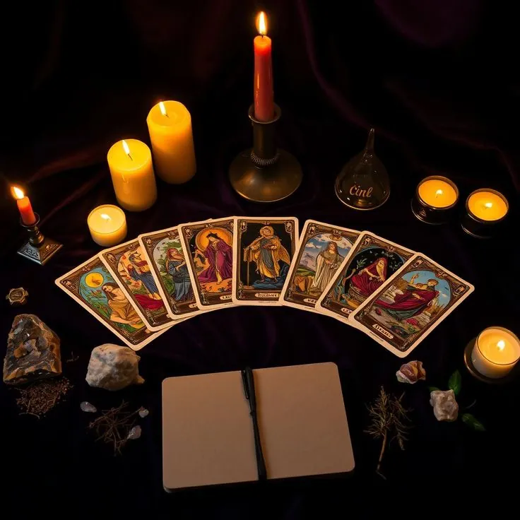 Mesa ritual con cartas de tarot, velas y cristales para amarres de amor y hechizos de amor